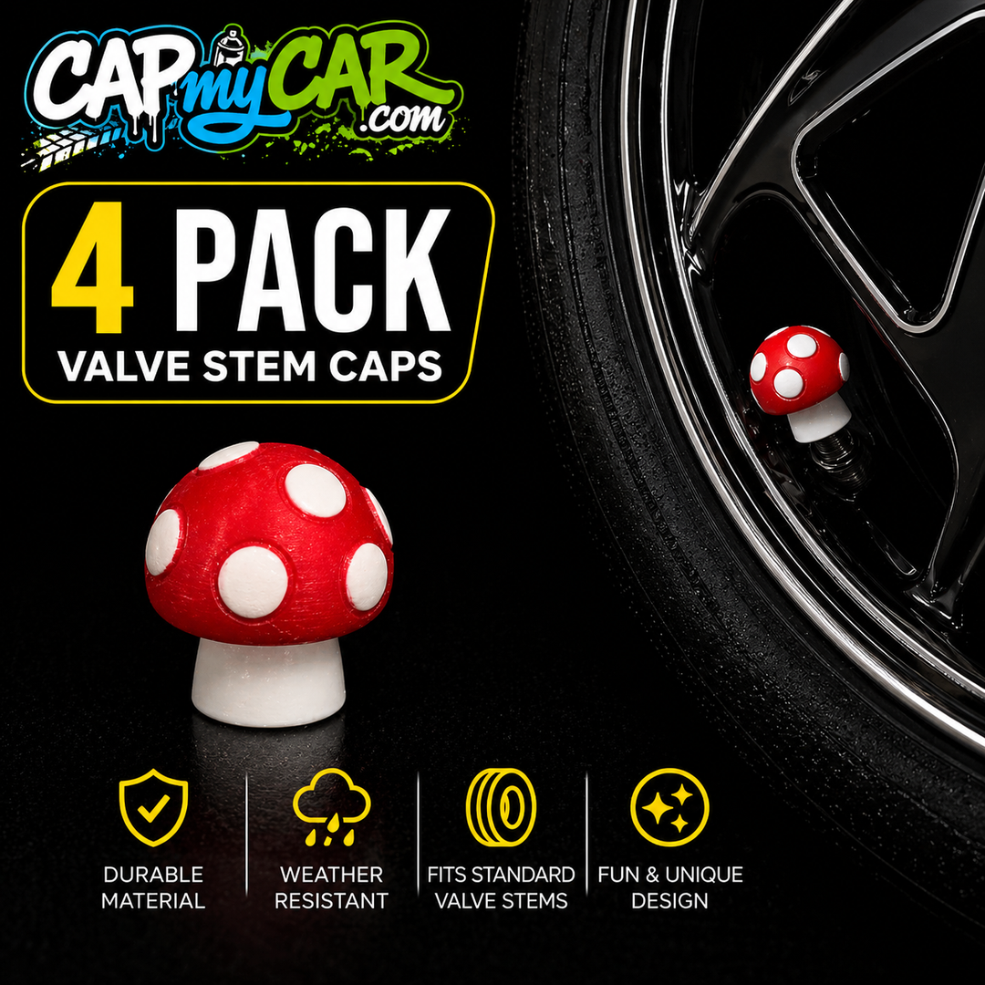 Mushroom Valve Stem Caps (4 Pack) – Red Cute Tire Valve Covers for Cars, Trucks &amp; Bikes | CapMyCar