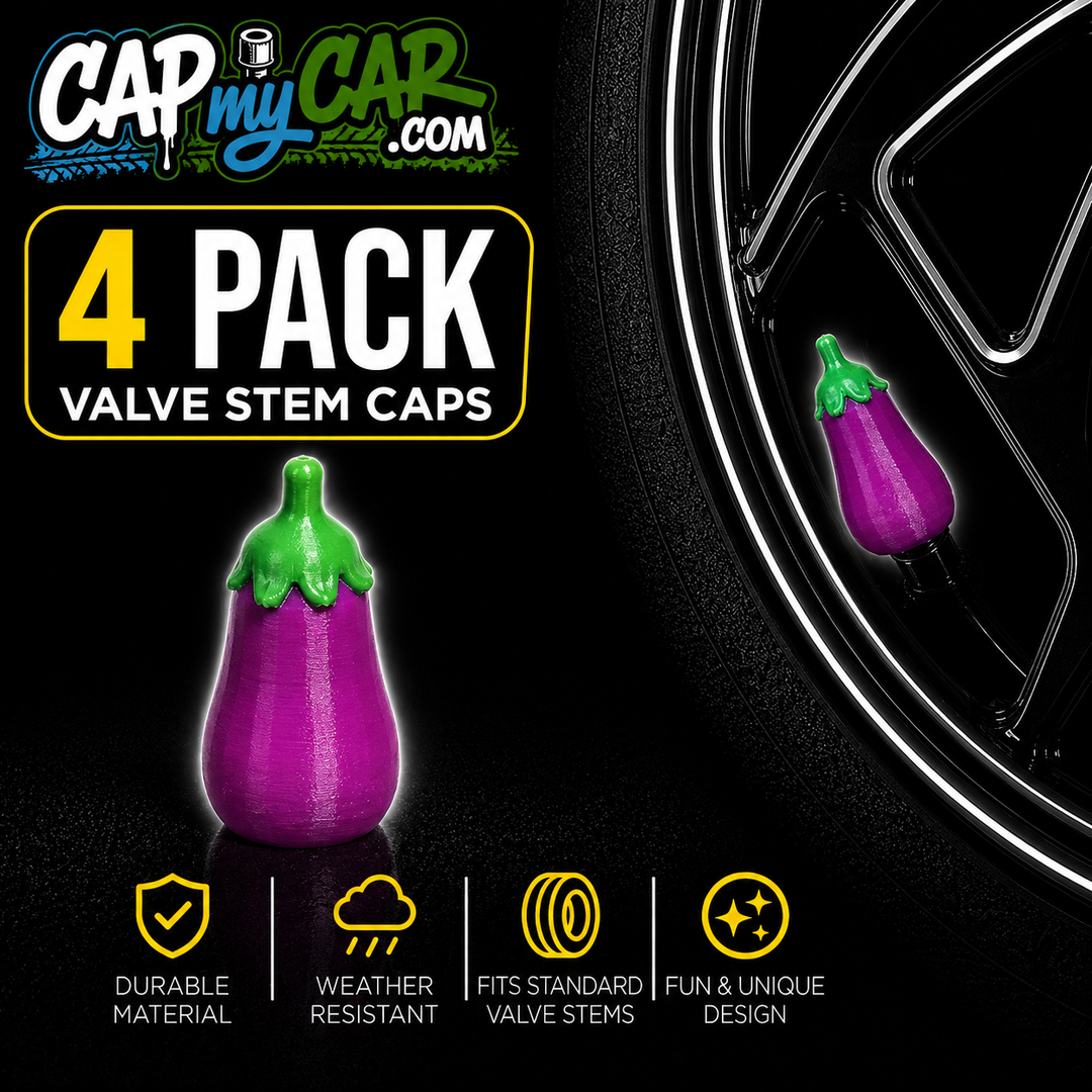 Eggplant Emoji Funny Novelty Tire Valve Stem Caps 4 Pack | Cap My Car