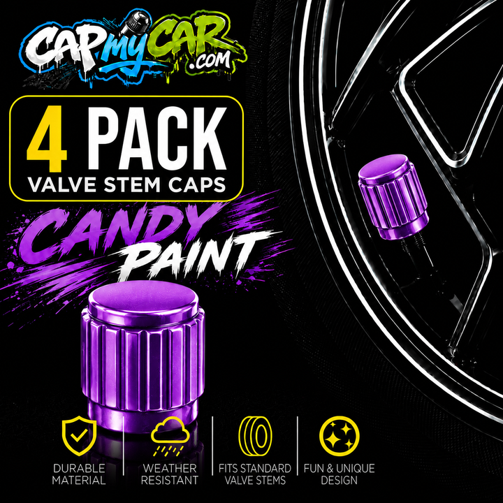 Candy Paint Valve Stem Caps (4 Pack) – Metallic Custom Tire Valve Covers for Cars, Trucks &amp; Bikes