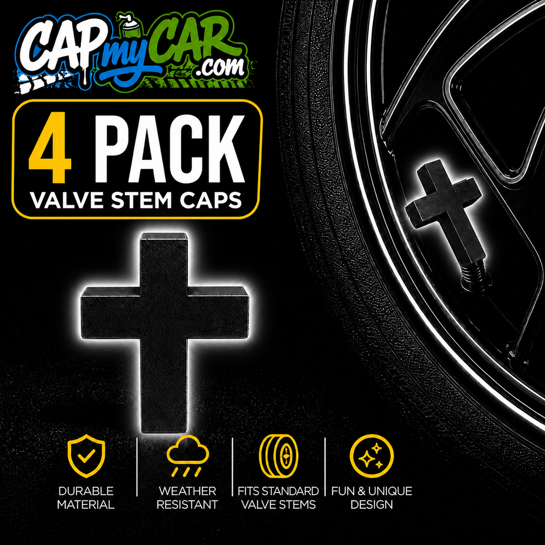 Cross Novelty Tire Valve Stem Caps – Black 4 Pack | Cap My Car