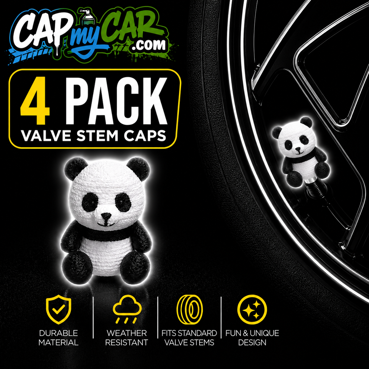 Panda Bear Cute Novelty Tire Valve Stem Caps 4 Pack | Cap My Car