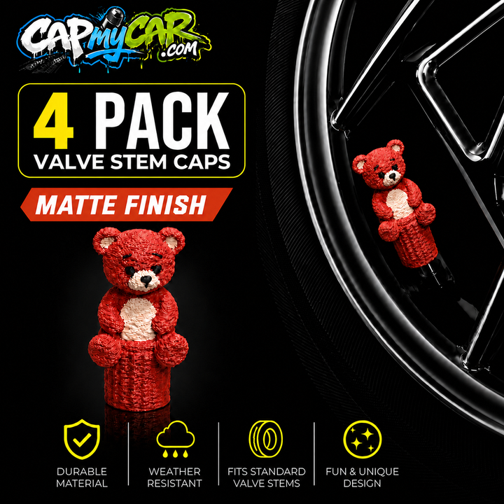 Matte Teddy Bear Valve Stem Caps (4 Pack)