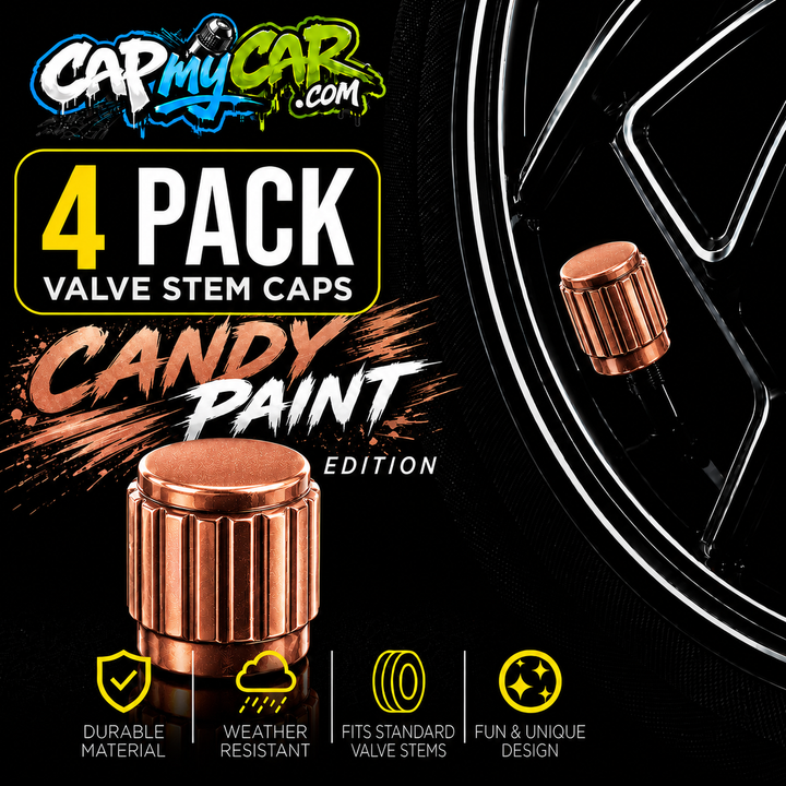 Candy Paint Valve Stem Caps (4 Pack) – Metallic Custom Tire Valve Covers for Cars, Trucks &amp; Bikes