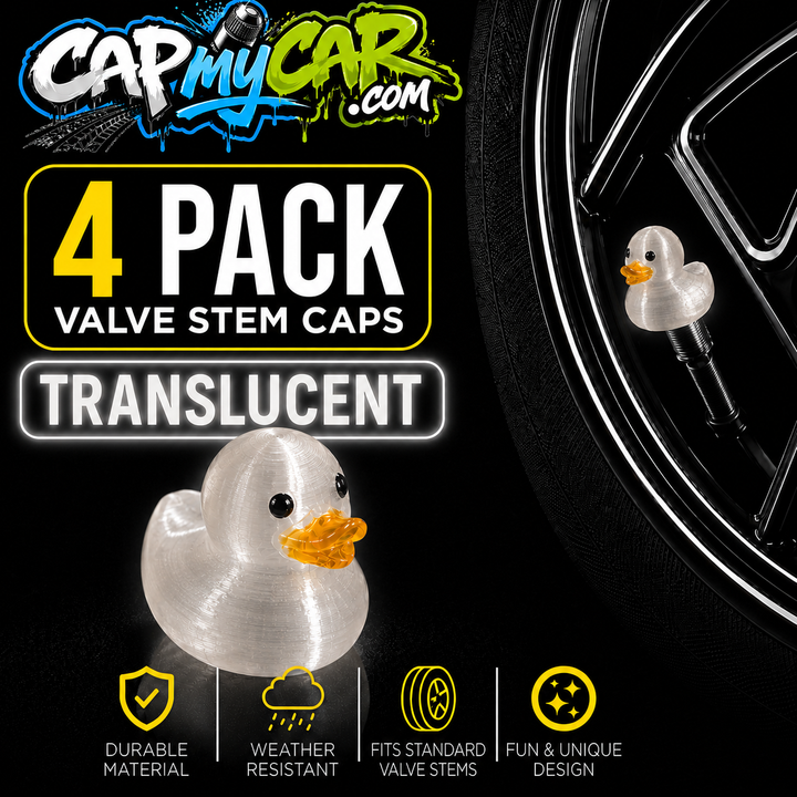 Translucent Rubber Duck Valve Stem Caps (4 Pack) – Clear Color Duck Tire Valve Covers for Cars, Trucks, Jeeps, Bikes &amp; SUVs