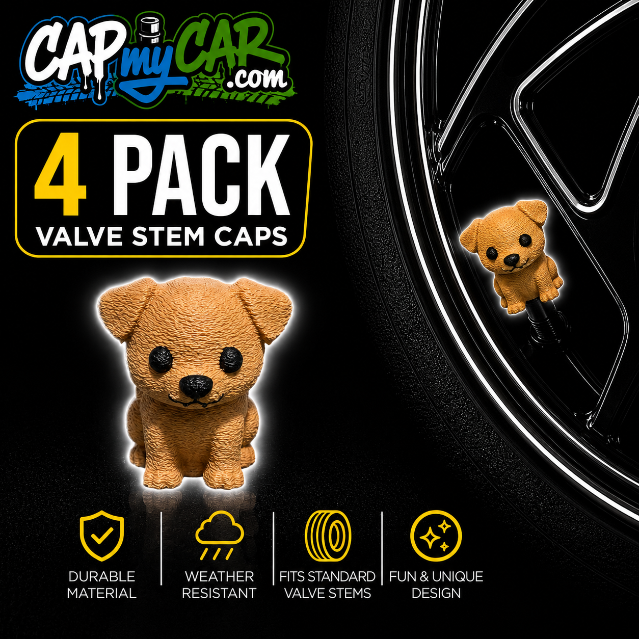 Puppy Dog Cute Novelty Tire Valve Stem Caps 4 Pack | Cap My Car