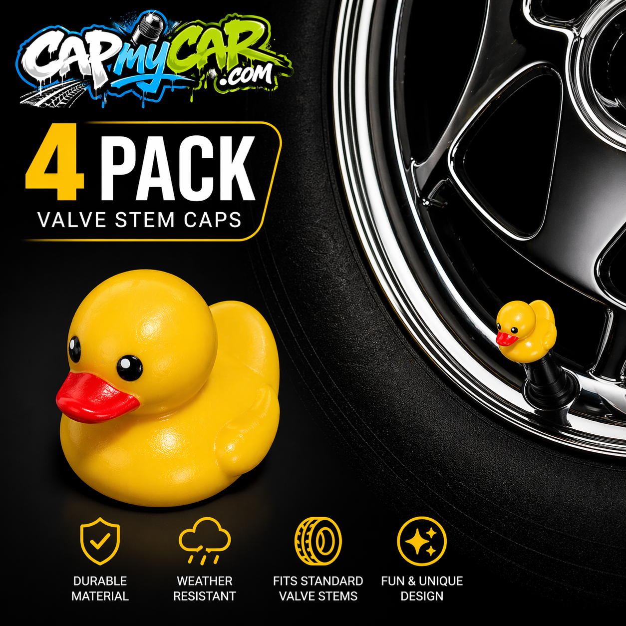 Rubber Duck Funny Novelty Tire Valve Stem Caps 4 Pack | Cap My Car