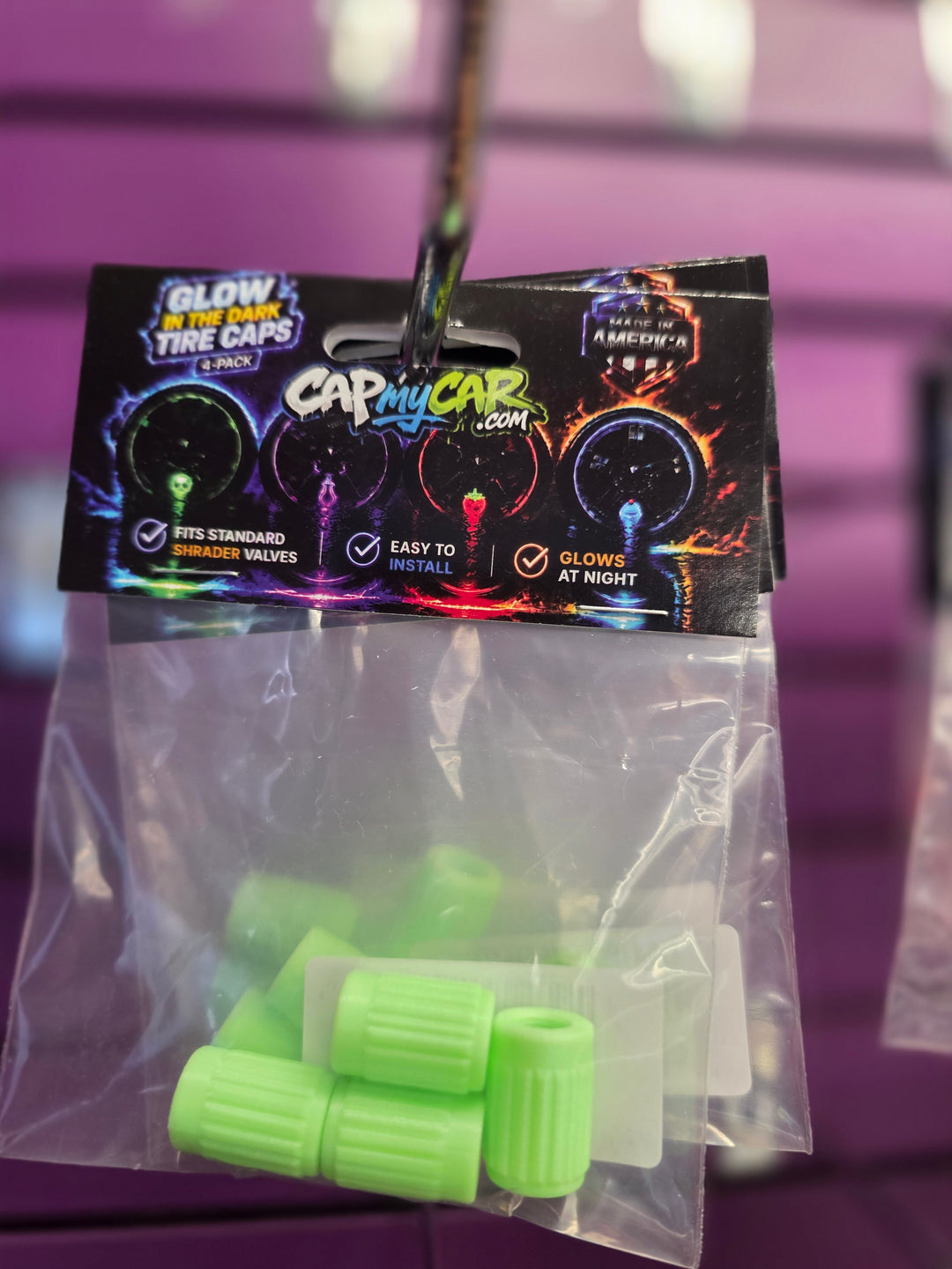 Glow in the Dark Valve Stem Caps – Neon 4 Pack