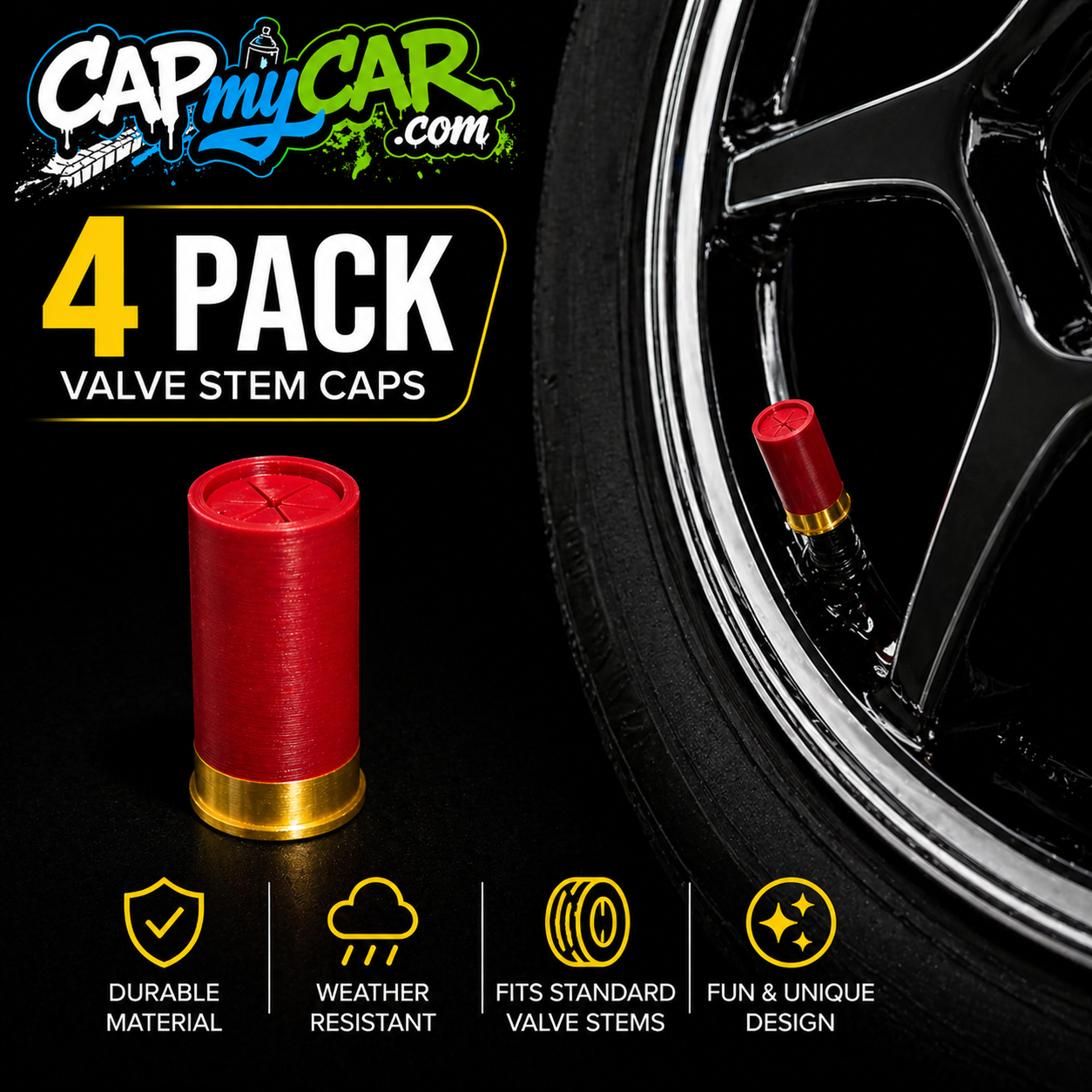 Shotgun Shell Tactical Novelty Tire Valve Stem Caps – Bullet Style 4 Pack | Cap My Car
